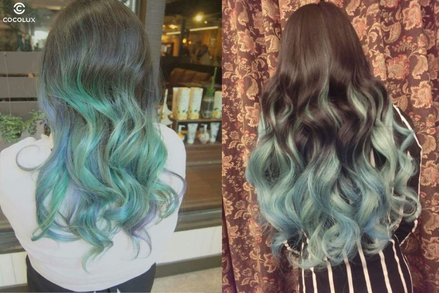 Tóc nhuộm ombre màu xanh bạc hà trẻ trung và nổi bật, phù hợp cho tóc ngắn năng động