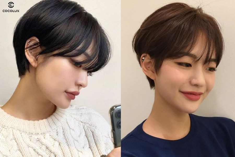 Tóc pixie kết hợp mái xéo hoặc mái ngang giúp che trán hiệu quả, cá tính mà vẫn nữ tính