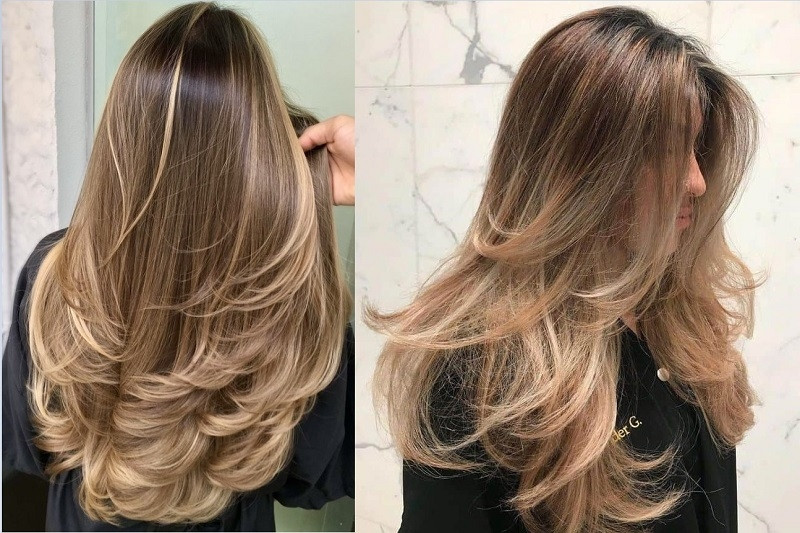 Tóc tỉa layer chiếc lá tầng nhuộm Balayage, hiệu ứng chuyển màu tinh tế