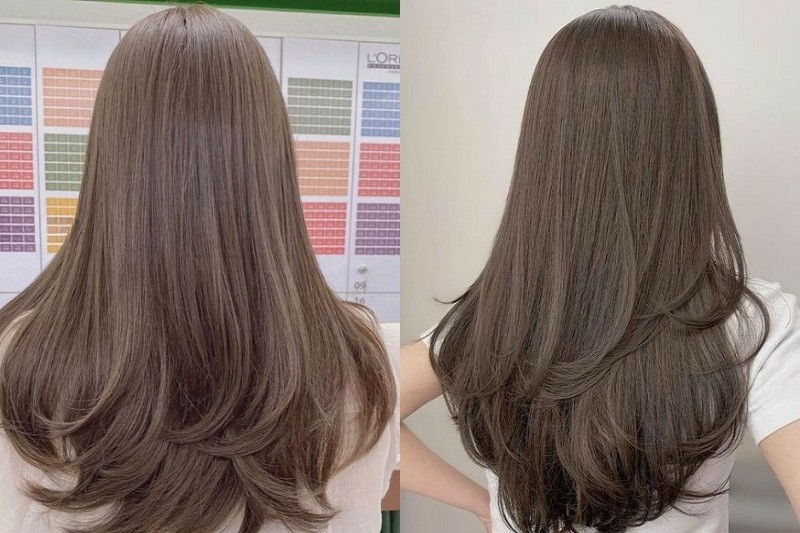 Tóc tỉa layer chiếc lá tầng uốn đuôi nhẹ nhàng, tăng thêm nét nữ tính