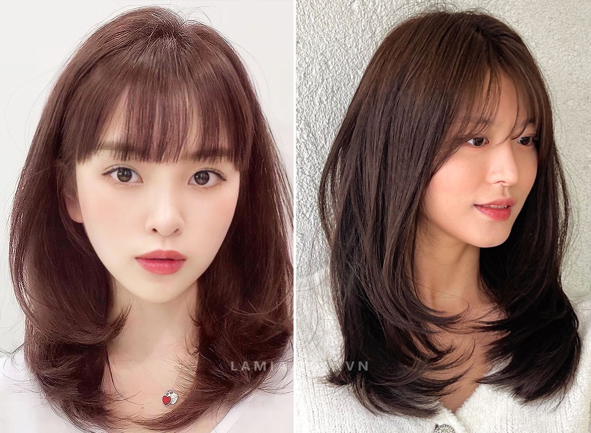 Tóc uốn cúp mái thưa cho nữ mặt dài