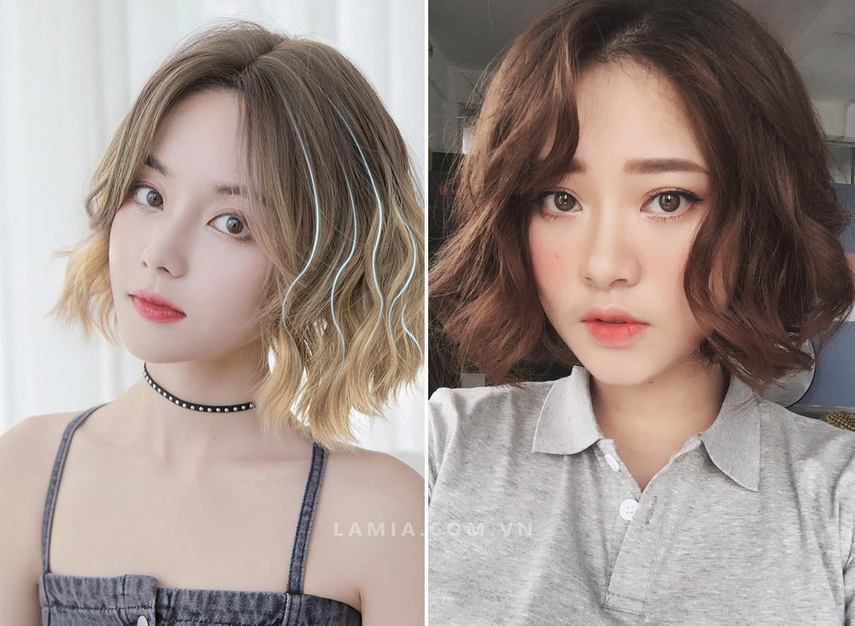 Tóc uốn phồng ngắn rẽ ngôi cho nữ mặt dài
