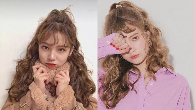 Tóc uốn xù nhuộm vàng đồng, mái ngố, buộc nửa đầu, tạo vẻ dễ thương và đáng yêu, là một trong những kiểu tóc buộc nửa đầu đẹp