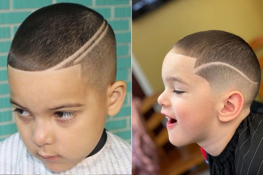 Bé trai 1 tuổi với tóc đầu đinh gọn gàng