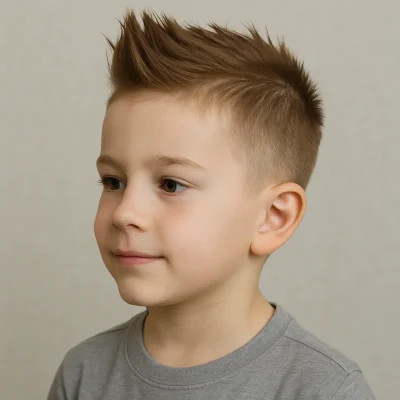 Bé trai 7 tuổi năng động với kiểu tóc Faux Hawk dựng nhẹ
