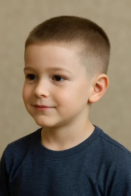 Bé trai 7 tuổi với kiểu tóc Crew Cut gọn gàng, phù hợp đi học