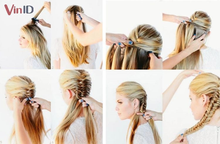 Các bước tết tóc một bên đánh rối nhẹ nhàng, phù hợp với tóc ngắn.