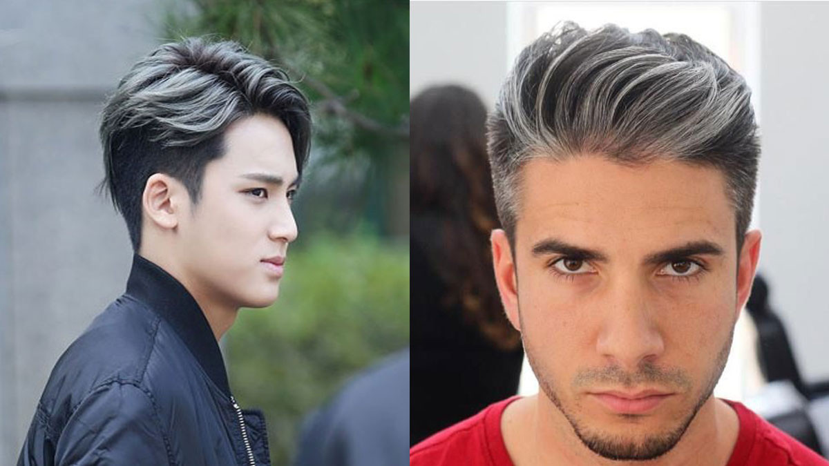 Chàng trai với nhuộm highlight tóc ngắn nam màu xám khói hiện đại