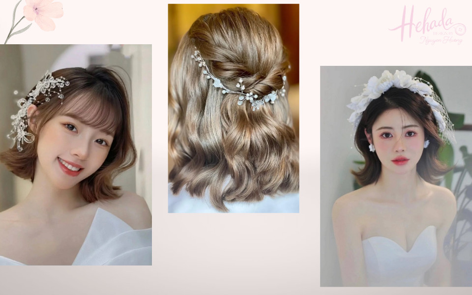 Cô dâu tóc ngắn uốn xoăn nhẹ nhàng, phù hợp mặt tròn