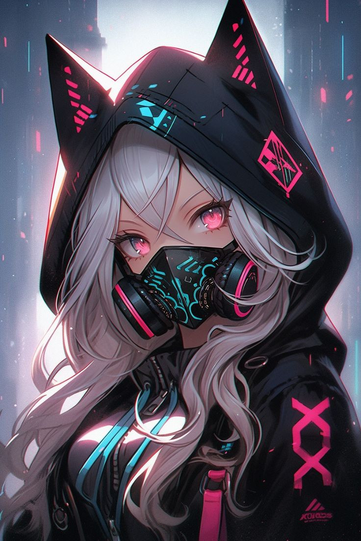 Cô gái anime mặc áo giáp công nghệ cao với khẩu trang đen phát sáng neon trong thành phố tương lai