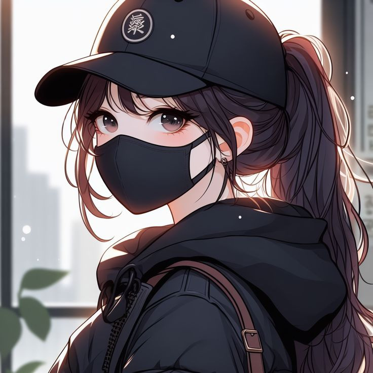 Cô gái anime tóc dài ngồi một mình bên cửa sổ, đeo khẩu trang đen trong không gian tĩnh lặng