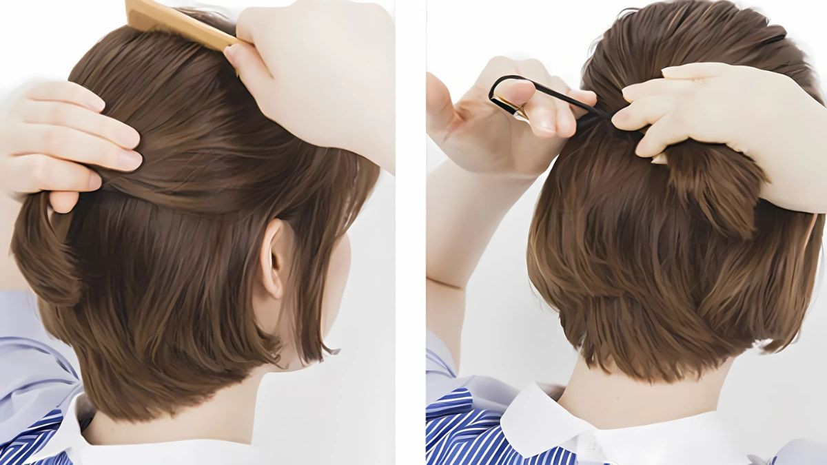 Cô gái có kiểu tóc ngắn buộc đuôi ngựa thấp đơn giản