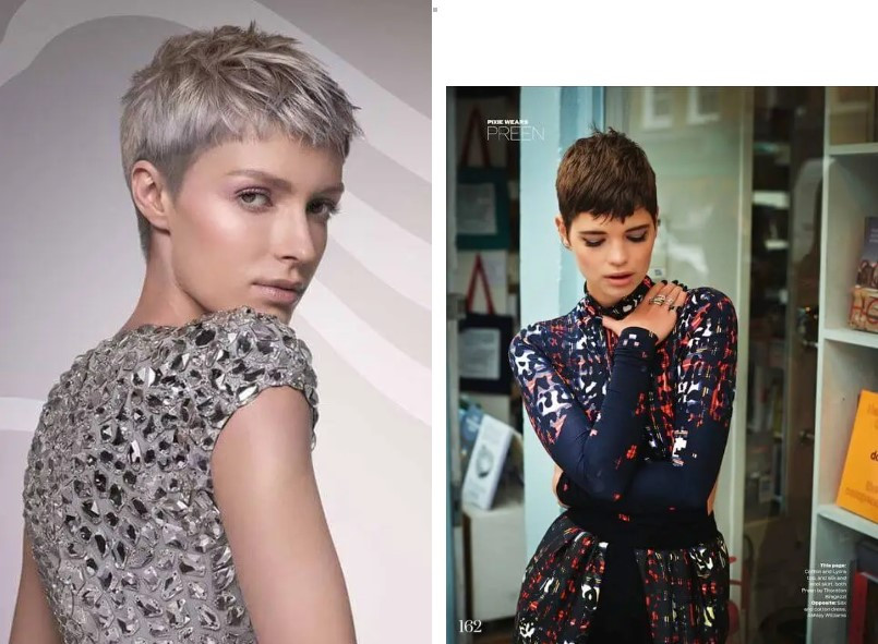 Cô gái tóc ngắn mặc trang phục sequin lấp lánh, phong cách dự tiệc nổi bật