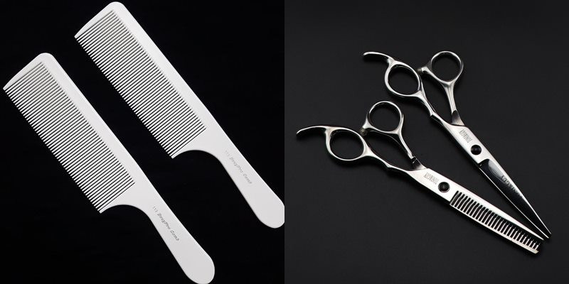 Dụng cụ cắt tóc pop layer tại nhà bao gồm kéo, lược, gương và kẹp tóc