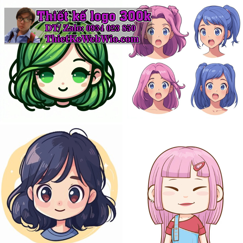 Hình ảnh mô tả các kiểu tóc xoăn gợn sóng trong phong cách chibi