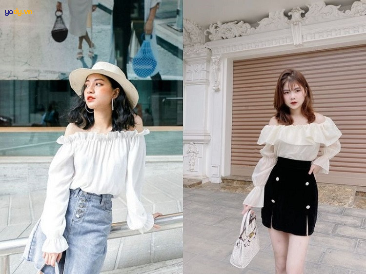 Kết hợp áo trễ vai với chân váy chữ A