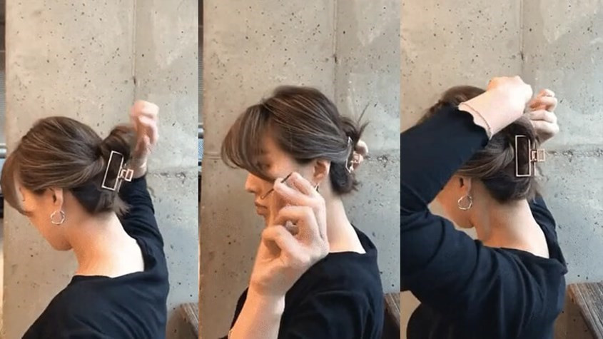 Kiểu búi tóc thấp thanh lịch dành cho mái tóc ngắn, được cố định chắc chắn bằng kẹp càng cua kim loại tinh tế.
