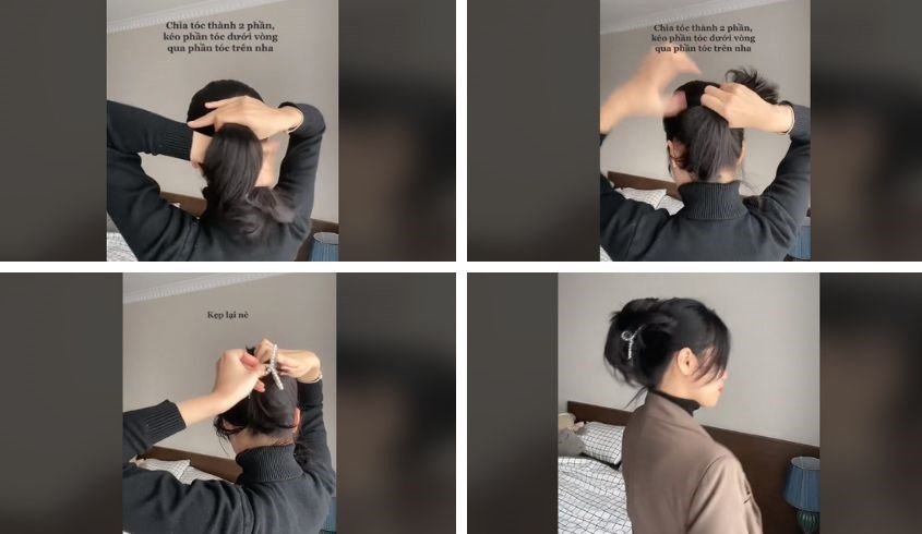 Kiểu buộc tóc cao bằng kẹp càng cua cho tóc ngắn gọn gàng