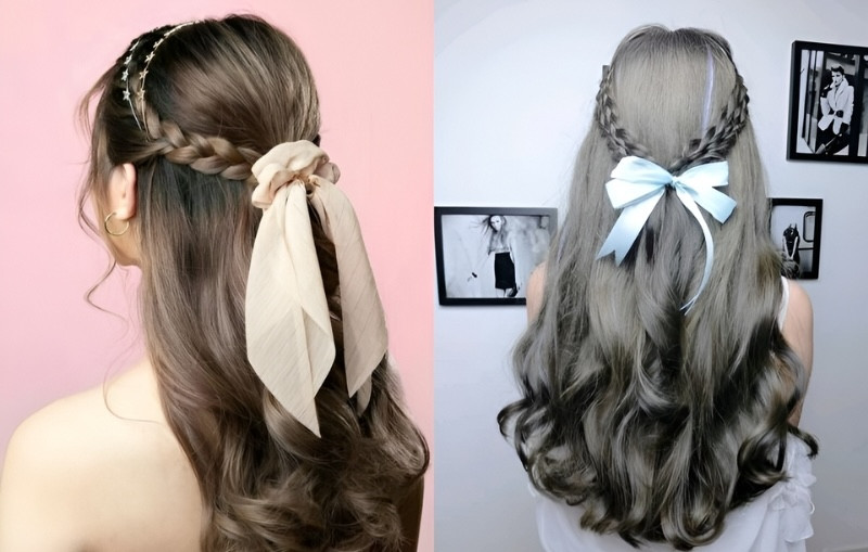 Kiểu tết tóc nửa mái với nơ xinh xắn, tăng thêm vẻ đáng yêu và nổi bật cho bé gái