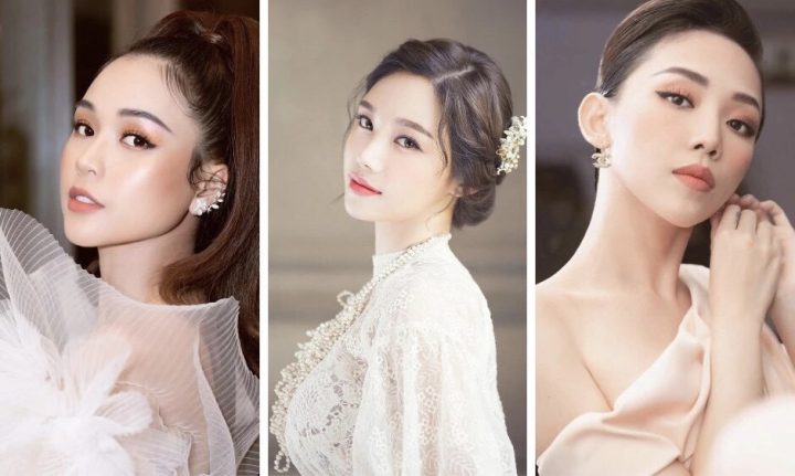 Kiểu tóc búi thấp thanh lịch kết hợp đầm dạ hội chữ V