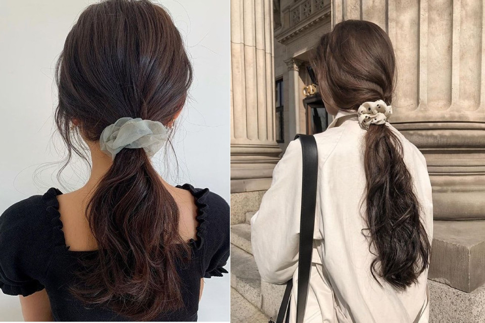 Kiểu tóc buộc thấp đơn giản, thanh lịch với phụ kiện nơ nhỏ