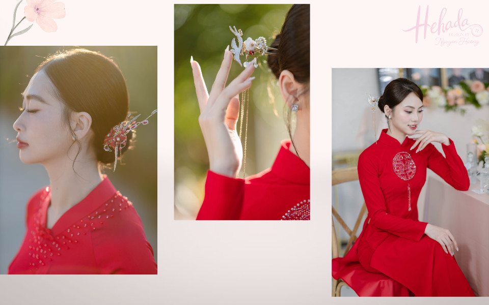 Kiểu tóc cô dâu tóc ngắn mặt tròn cài trâm tinh tế