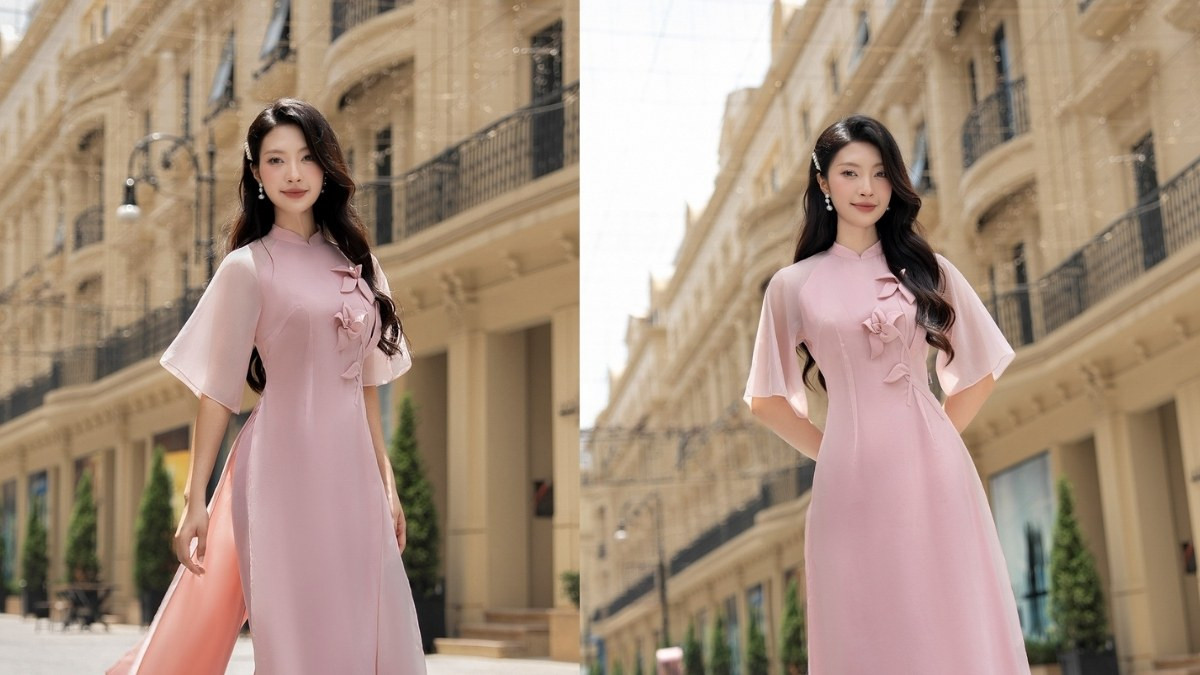 Kiểu tóc dài xoăn kẹp mái mặc áo dài cho mặt tròn