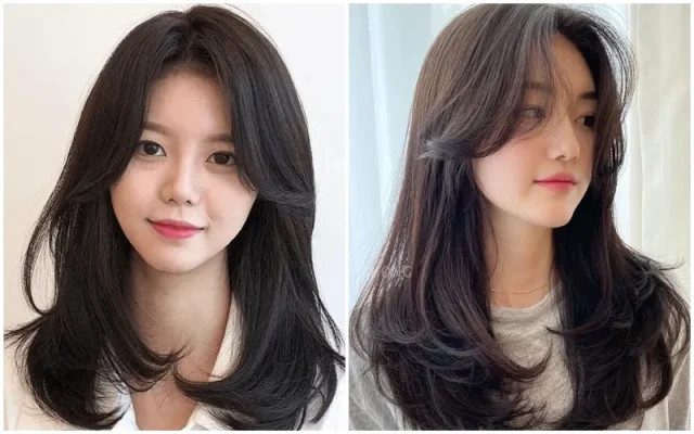 Kiểu tóc layer dài kết hợp mái bay thanh lịch, che gò má mặt tròn