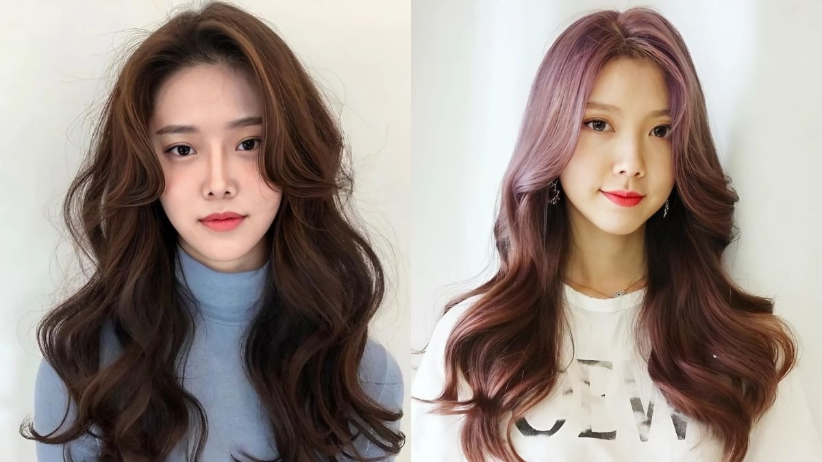 Kiểu tóc mái chéo phối tóc dài xoăn lọn to