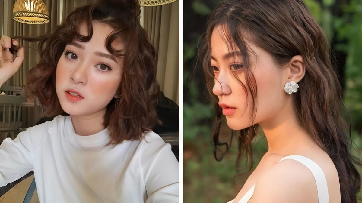 Kiểu tóc mái nữ mặt tròn cá tính với mái râu rồng uốn xoăn