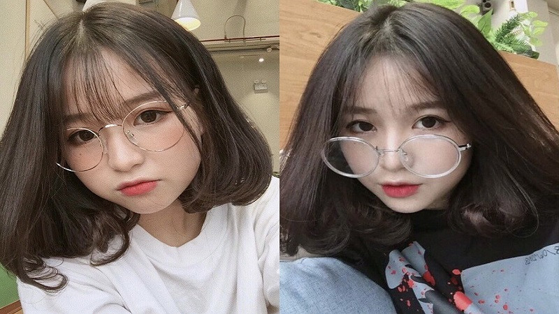 Kiểu tóc ngắn uốn cụp ngang vai cho mặt tròn đeo kính, tạo vẻ ngoài đáng yêu