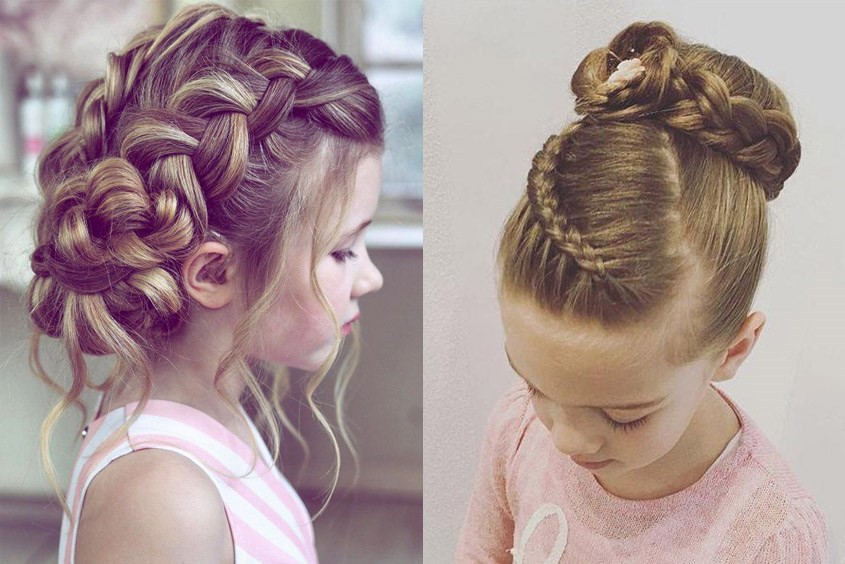 Kiểu tóc tết hoa Updo tinh tế, mang lại nét dễ thương cho kiểu tóc em bé dự tiệc.