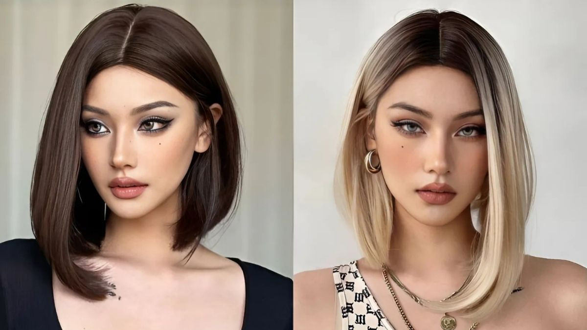 Mái lệch dài phối tóc ép thẳng, kiểu tóc mái hợp với mặt tròn mang vẻ đẹp thanh lịch và trưởng thành.