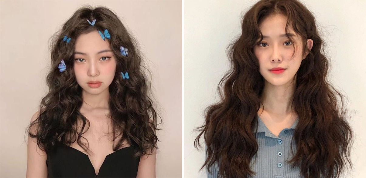 Mái tóc xoăn sóng nước bồng bềnh, che đi phần má giúp gương mặt thêm hài hòa