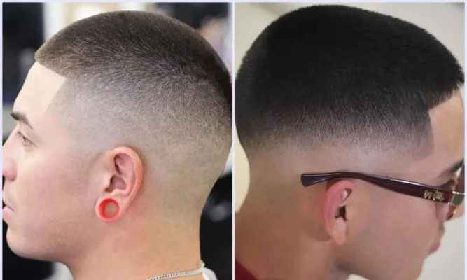 Mẫu nam khoe kiểu tóc Induction Cut, một phong cách tóc quân đội tối giản nhưng đầy cuốn hút.