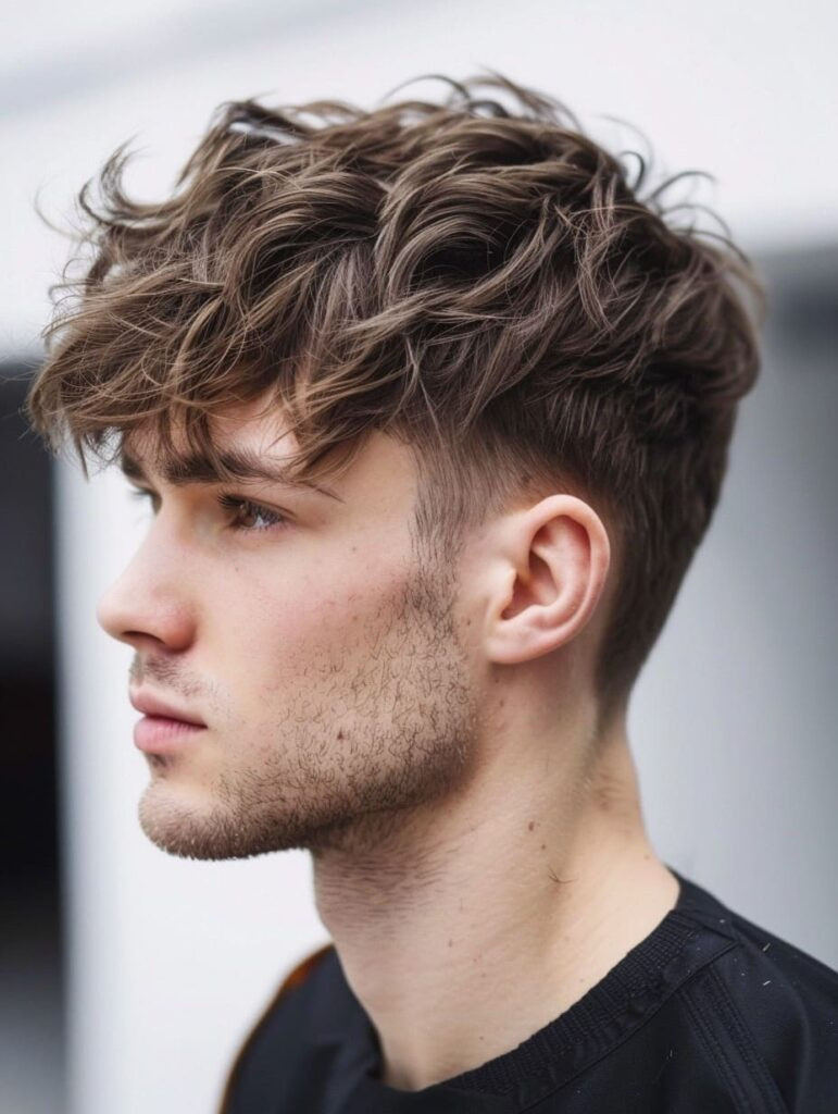 Mẫu nam với kiểu tóc crop fade layer, phần tóc trên đỉnh có kết cấu rõ rệt, chuyển tiếp mượt mà hai bên.