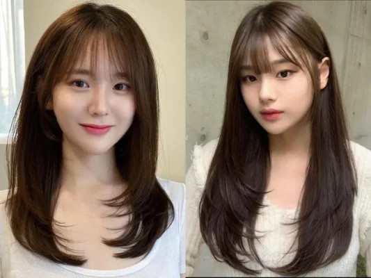 Mô tả: Các kiểu tóc layer nữ dài thẳng tông màu nâu sáng hợp với khuôn mặt tròn