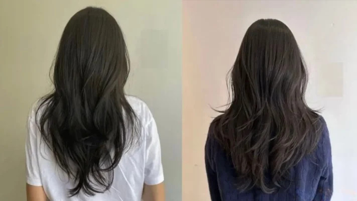 Mô tả: Gái trẻ để tóc layer dài ngang lưng thẳng mượt với trang phục hiện đại