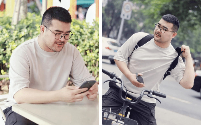 Nam giới đang xem xét kiểu tóc trên màn hình điện thoại, phù hợp với người béo nam