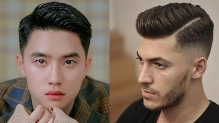 Người đàn ông với kiểu tóc Side Part được tạo kiểu cầu kỳ, phần mái vuốt bồng sang một bên, toát lên vẻ sang trọng