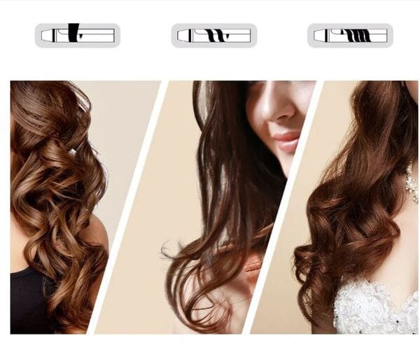 Người phụ nữ đang tạo kiểu tóc ngắn xoăn tại nhà bằng máy uốn
