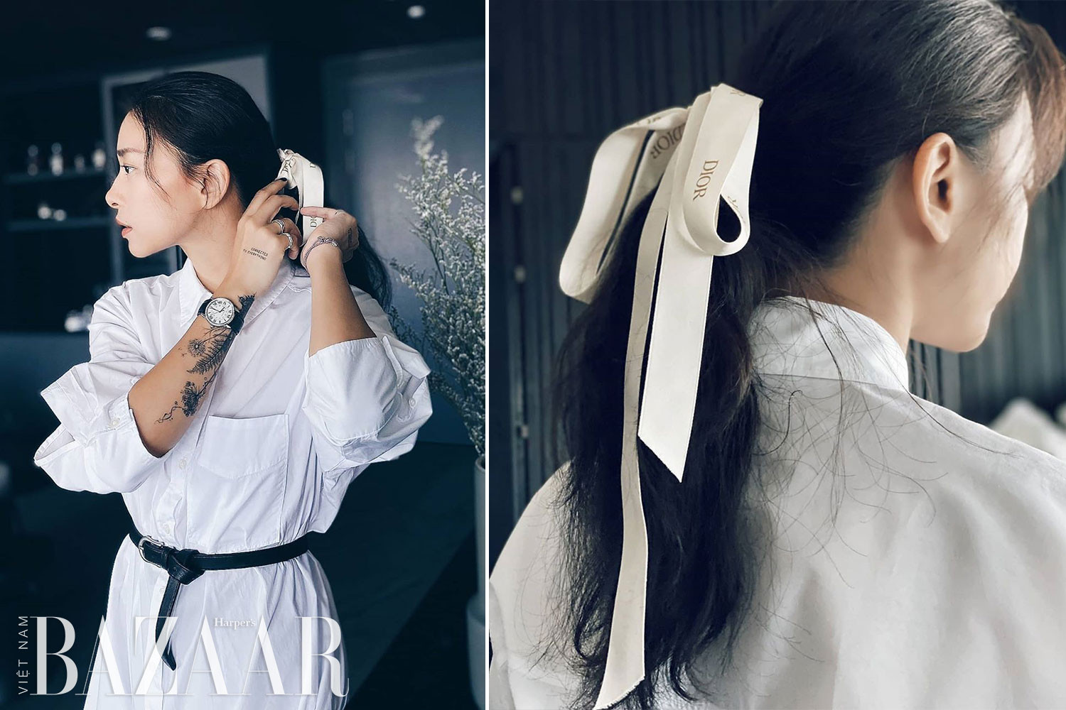 Người phụ nữ tóc đen buộc thấp với ruy băng Dior