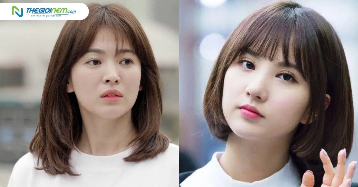 Người phụ nữ trẻ trung với mái tóc lob ngang vai và mái dài, gương mặt tròn được làm thon gọn, lựa chọn kiểu tóc phù hợp với khuôn mặt tròn