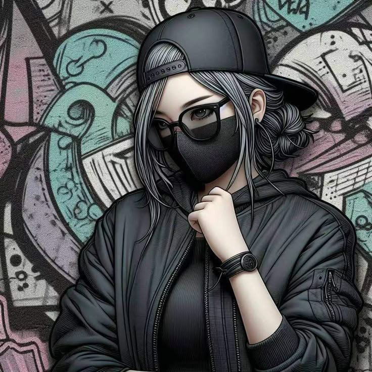 Nhân vật anime nữ cá tính đeo khẩu trang đen, mặc áo khoác và đội mũ lưỡi trai dạo phố về đêm