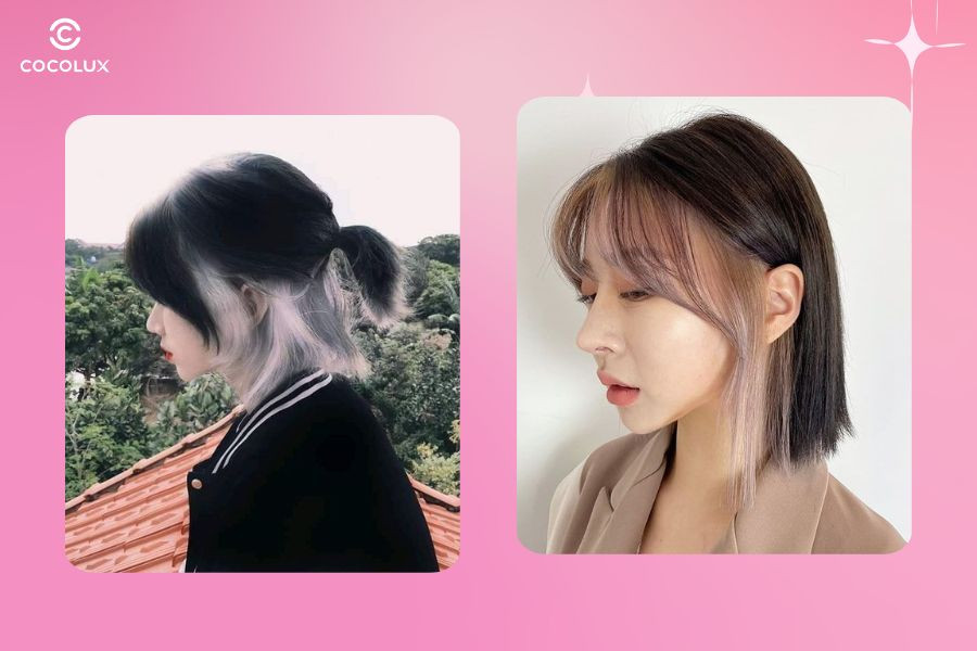 Nhuộm highlight tóc ngắn ẩn tạo hiệu ứng bất ngờ với màu nhuộm ẩn bên trong tóc, tinh tế và độc đáo
