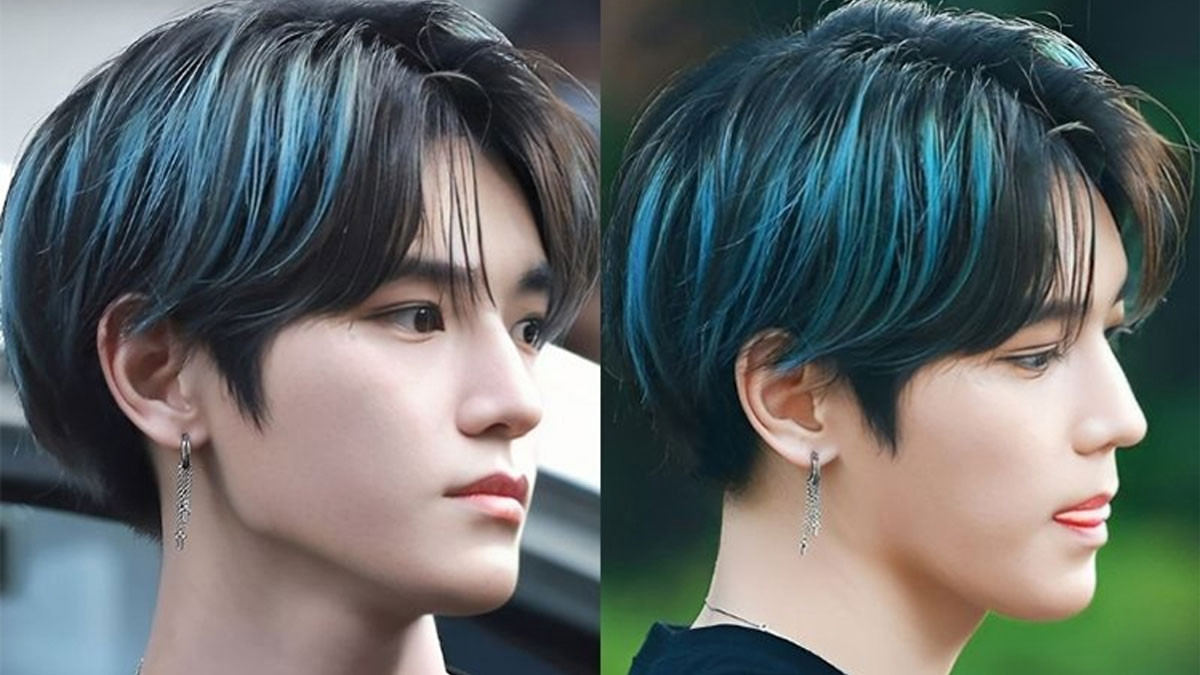 Nhuộm highlight tóc ngắn nam màu xanh pastel nhẹ nhàng, lôi cuốn
