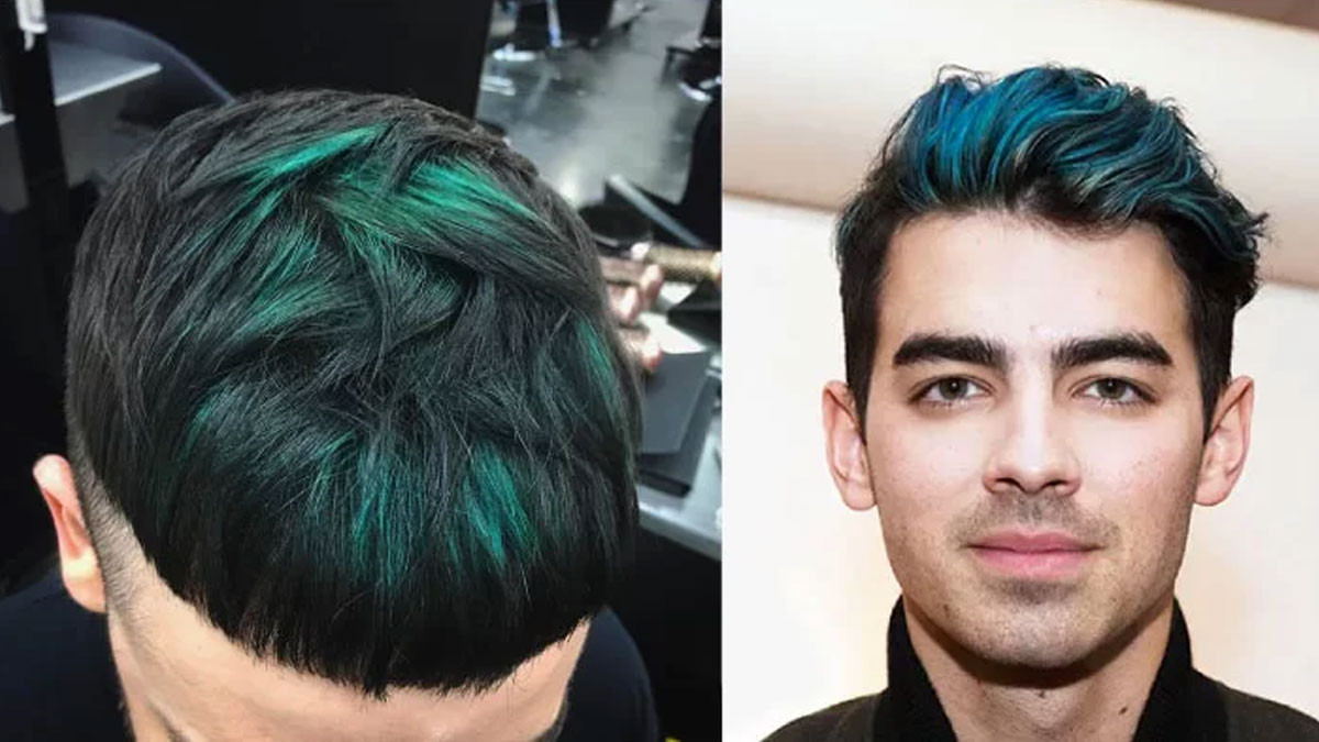 Nhuộm highlight tóc ngắn nam màu xanh rêu phá cách, thu hút