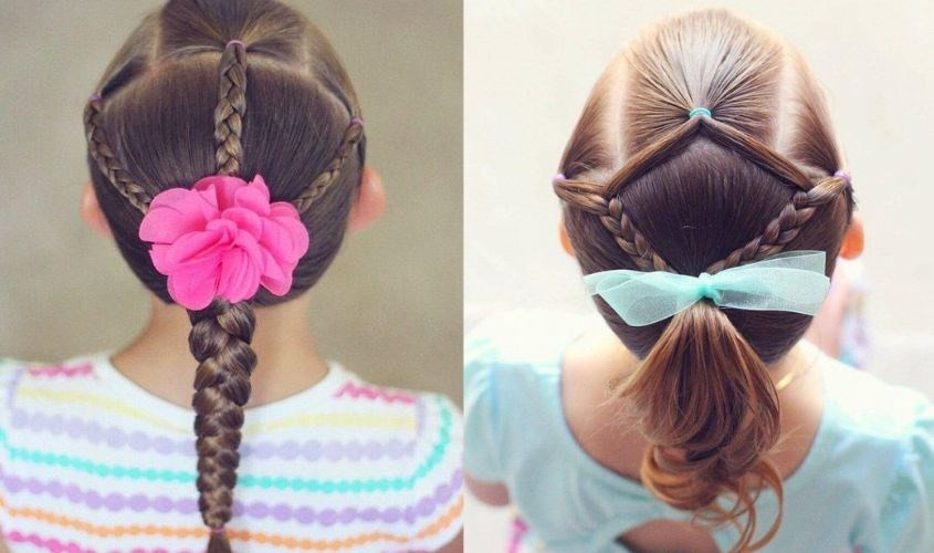 Tết tóc thành ba phần tinh tế ở đỉnh đầu, tạo điểm nhấn với ruy băng hoặc nơ cho bé gái