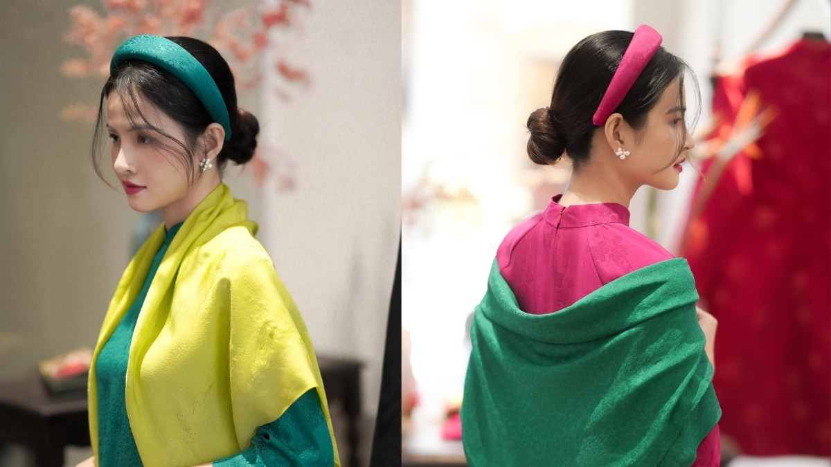 Tóc búi gọn kết hợp mấn đội đầu cho cô gái mặc áo dài