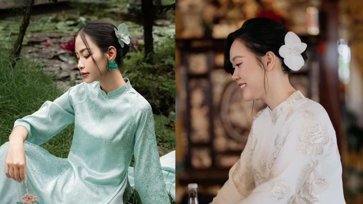 Tóc búi thấp thanh lịch cho cô dâu mặc áo dài